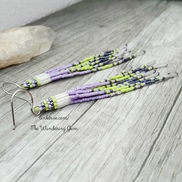 Jellyfish Beaded Fringe Shoulder Duster Dangle Earrings, Purple & Green 4.5" - Picture 7 of 9